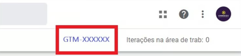 tela inicial do contêiner do GTM com o ID (GTM-XXXXXXX) destacado no canto superior direito