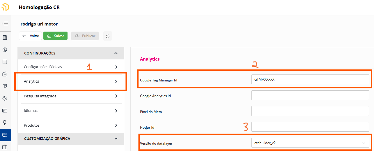 Tela para preencher Analytics de um motor Niara