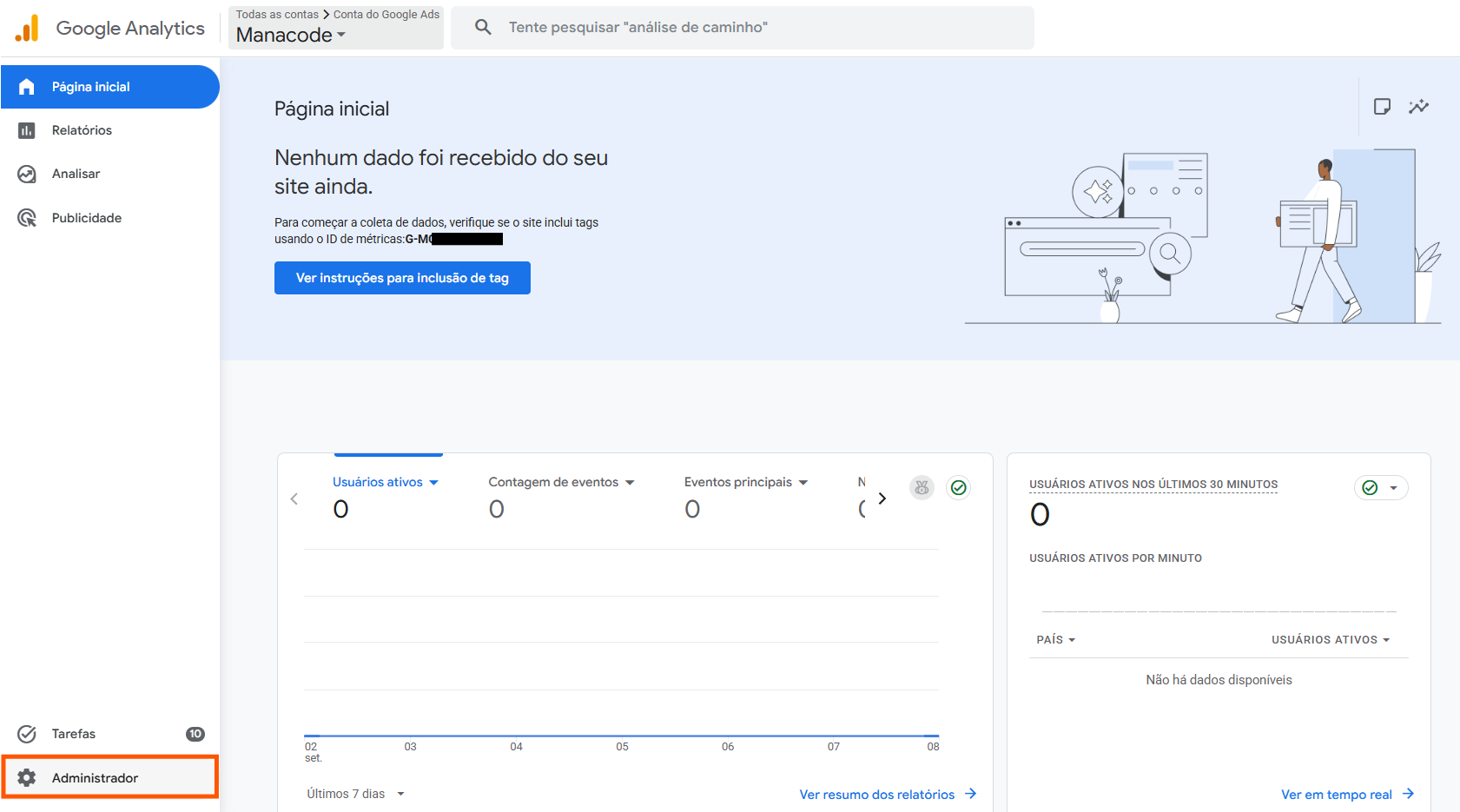 Tela inicial exibindo botão administrador no GA4