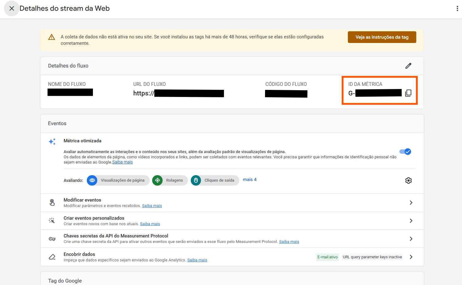 Tela de detalhes do stream da Web no Google Analytics com o ID DA MÉTRICA destacado