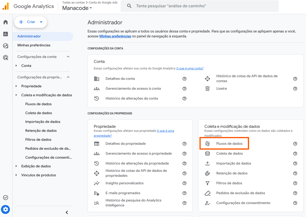 Selecionar Fluxo de dados Web existente no GA4