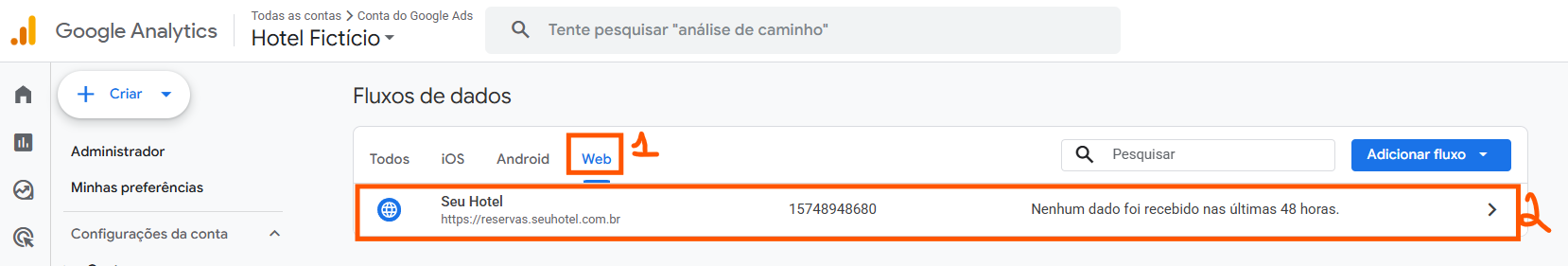 Selecionar Fluxo de dados Web específico para visualizar no GA4