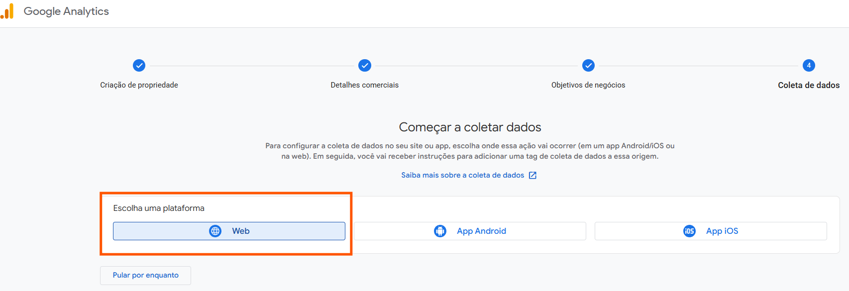 Seleção da plataforma Web no GA4