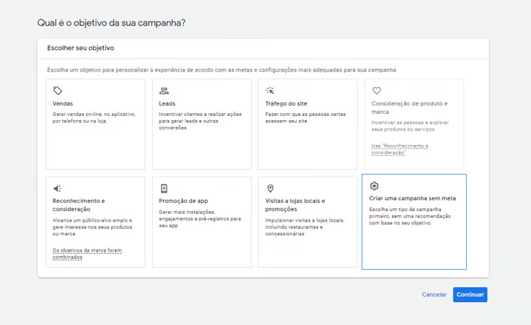 Tela de objetivo da campanha no Google Ads, com Criar uma campanha sem meta selecionado