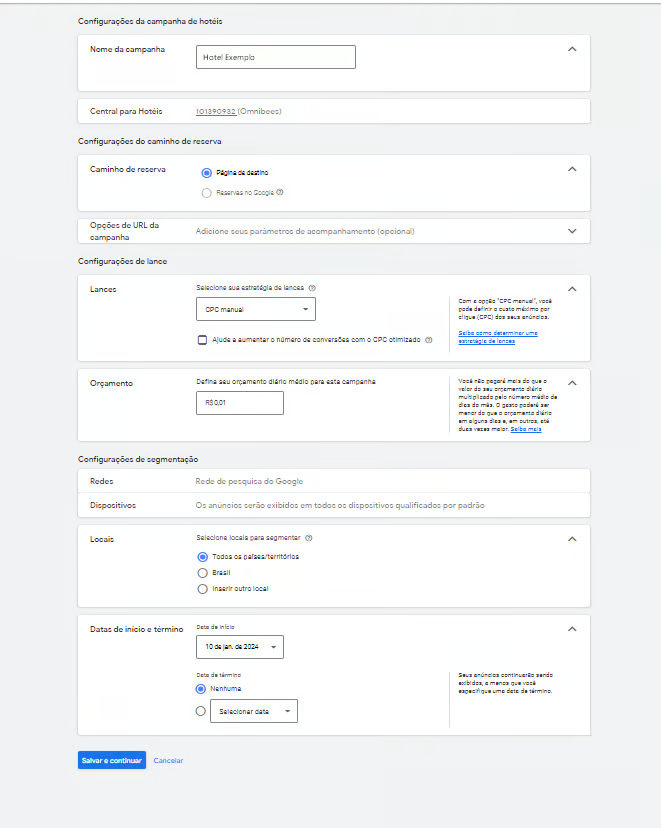 Configurações da campanha de hotéis: nome, Central para Hotéis, caminho de reserva, lances, orçamento, locais e datas