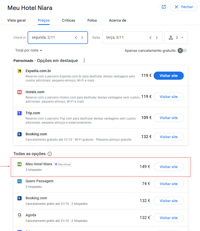 Link gratuito do hotel na lista Todas as opções do Google, com o selo Site oficial