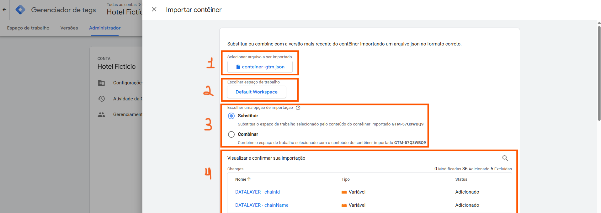 Tela de importar contêiner GTM